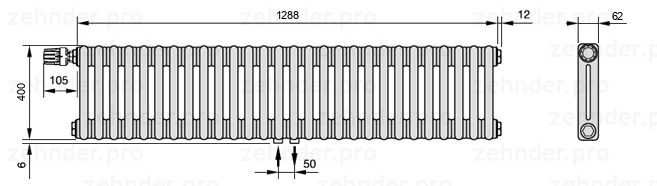 Схема (чертеж) Радиатор Zehnder Charleston 2040/28 №V007 Белый глянцевый RAL 9016